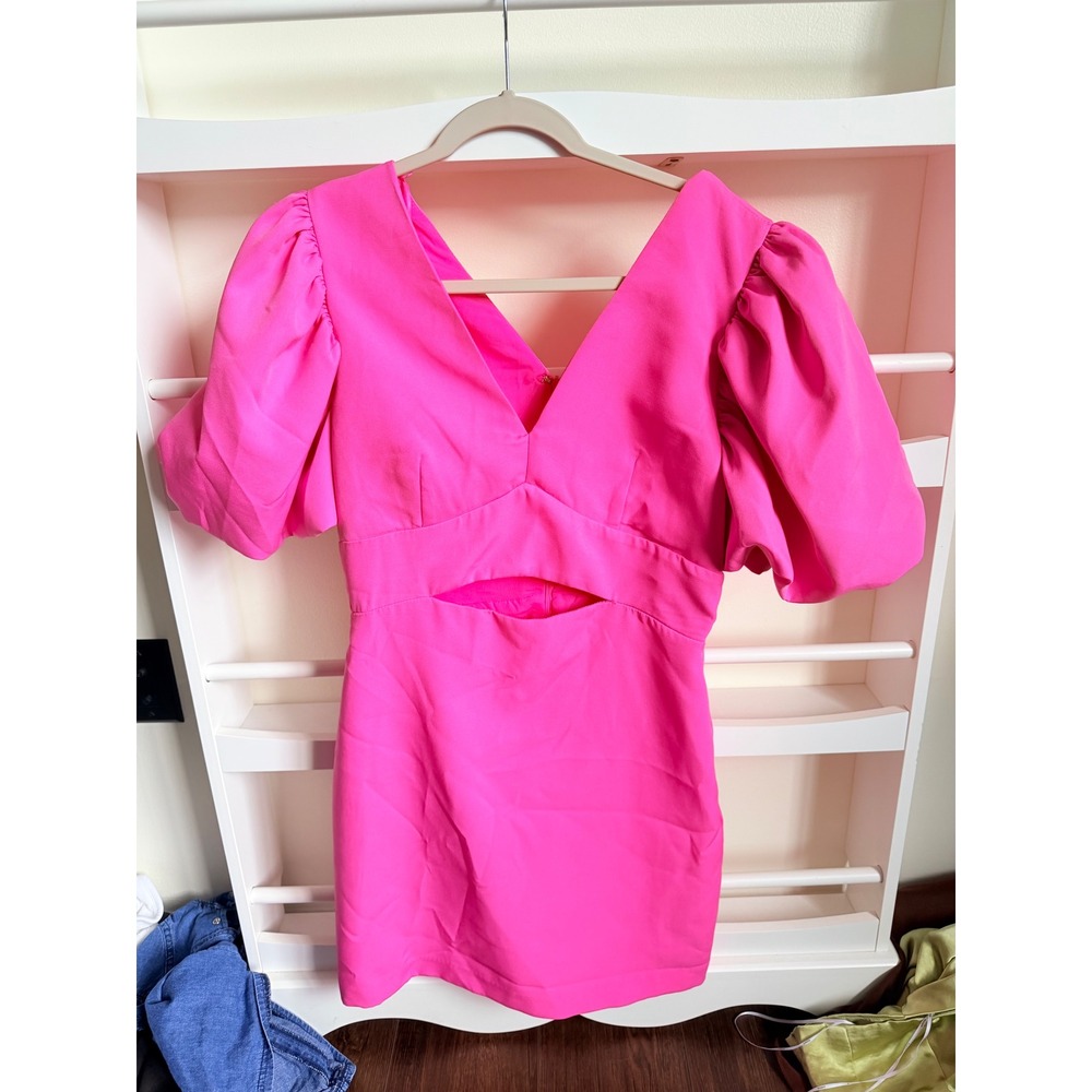 Endless Rose Hot Pink Puff Sleeve Cutout V-Neck Mini Dress Medium